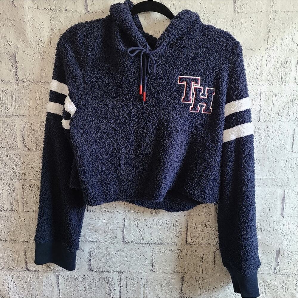 Tommy Hilfiger Navy Blue Fleece Varsity Collegiate Style Crop Hoodie SZ‎ L